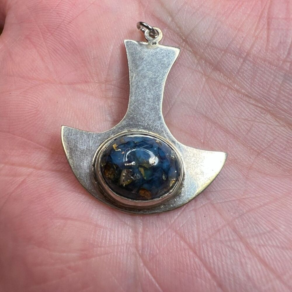 Modernist Blue Stone Sterling Silver 925 Necklace Pendant